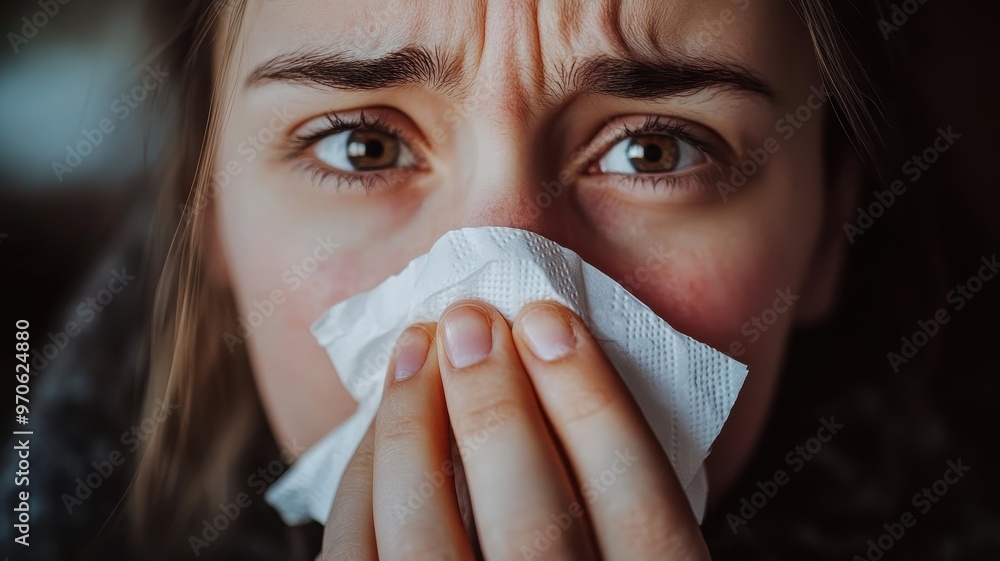 Close-up of a distressed woman holding a tissue, expressing emotions of sadness or illness, with prominent eyes and furrowed brow. Close-up of a distressed woman holding a tissue, expressing emotions of sadness or illness, with prominent eyes and furrowed brow.