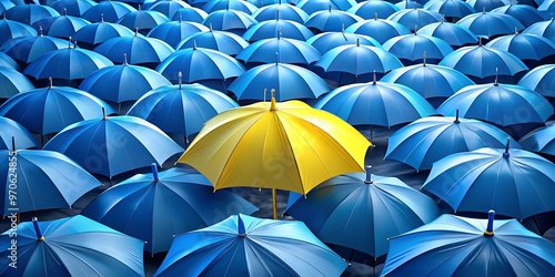 a collection of blue umbrellas with a single yellow umbrella