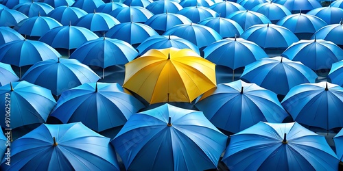 a collection of blue umbrellas with a single yellow umbrella