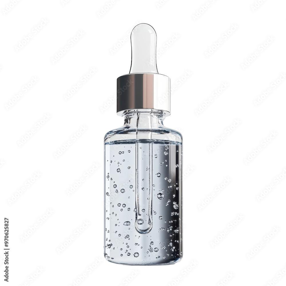 A sleek dropper bottle filled with clear serum, showcasing bubbles for a refreshing skincare experience. A sleek dropper bottle filled with clear serum, showcasing bubbles for a refreshing skincare experience.