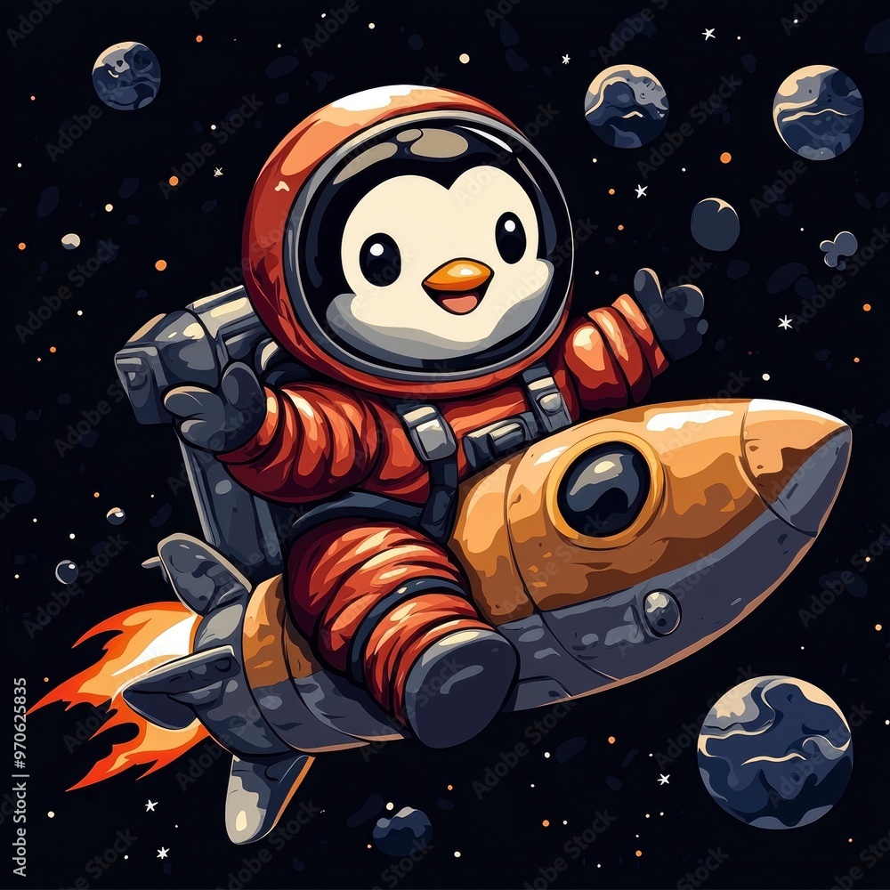 Cute Penguin Astronaut Flying in Space Cute Penguin Astronaut Flying in Space