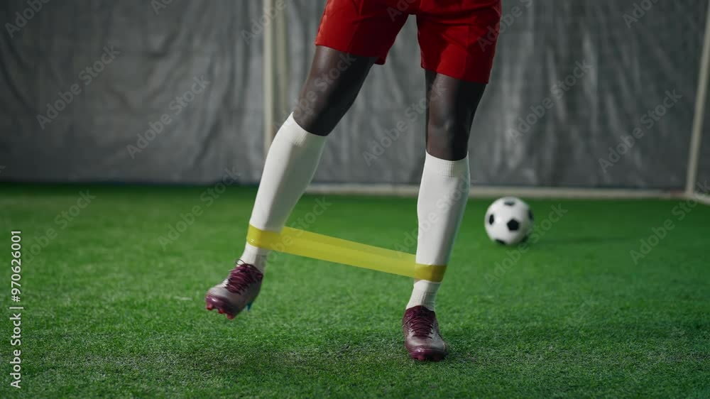 Workout with elastic band in soccer training hall, closeup of African man legs Workout with elastic band in soccer training hall, closeup of African man legs