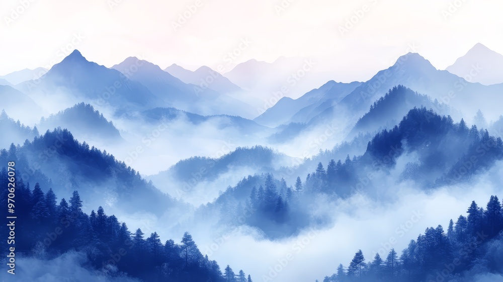 Misty Mountain Landscape with Blue Sky and Fog Misty Mountain Landscape with Blue Sky and Fog