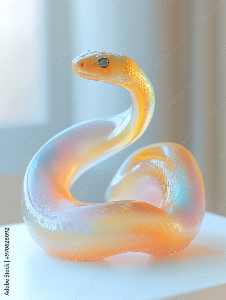 Fototapeta premium Bright colored frosted glass 3D snake floats on a white background, Cute, personified, placed on the white display rack in the exhibition hall for year of snake 2025