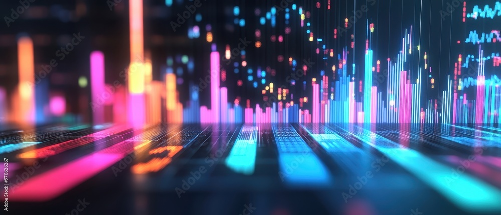 Vibrant digital data visualization with colorful graph lines and glowing elements showcasing analytics and technology. Vibrant digital data visualization with colorful graph lines and glowing elements showcasing analytics and technology.