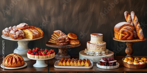 Desserts bread and confections displayed on a table