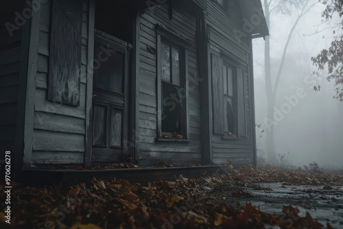 Haunted house surrounded by thick fog and fallen leaves