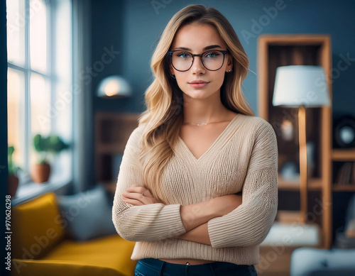 Portrait of blonde young woman wearing glasses standing at home crossing arms folded standing serious at living room home