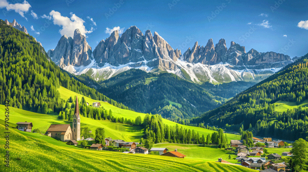 Obraz premium A picturesque landscape depicting a charming village nestled in lush green fields, with majestic mountains in the background, under a clear blue sky.