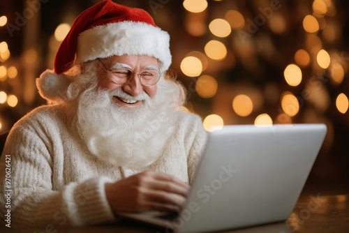 Santa Claus works on a laptop near a decorated Christmas tree with glowing lights