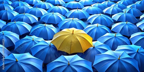 a collection of blue umbrellas with a single yellow umbrella