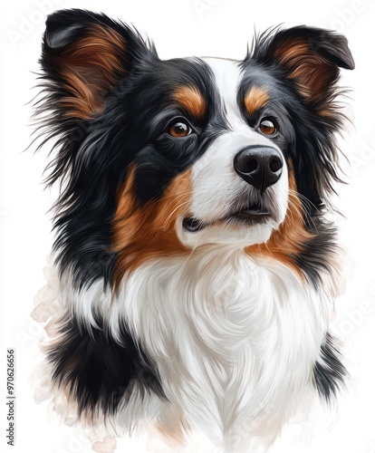 A close-up portrait of a black, white, and brown border collie dog looking intently at the camera.