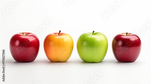 A variety of apples including red, yellow, and green are neatly lined up on a clean white surface