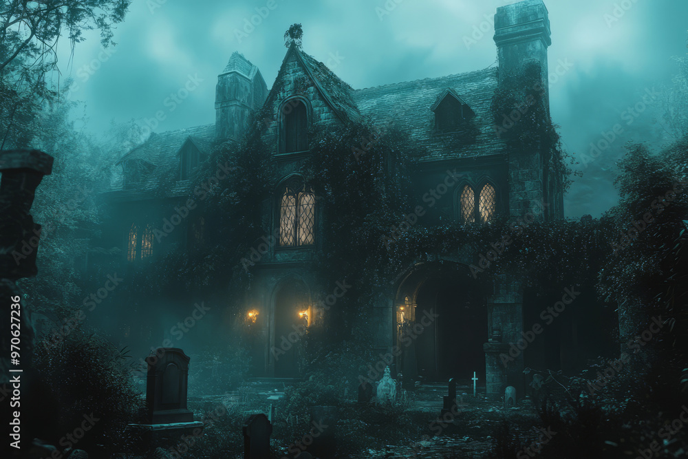 Dark overgrown mansion shrouded in mist with tombstones. Spooky, eerie atmosphere Dark overgrown mansion shrouded in mist with tombstones. Spooky, eerie atmosphere