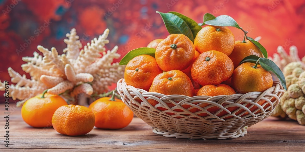 Organic tangerines in a basket on soft coral, fresh and vibrant fruits displayed on a coral table, organic, tangerines, basket Organic tangerines in a basket on soft coral, fresh and vibrant fruits displayed on a coral table, organic, tangerines, basket