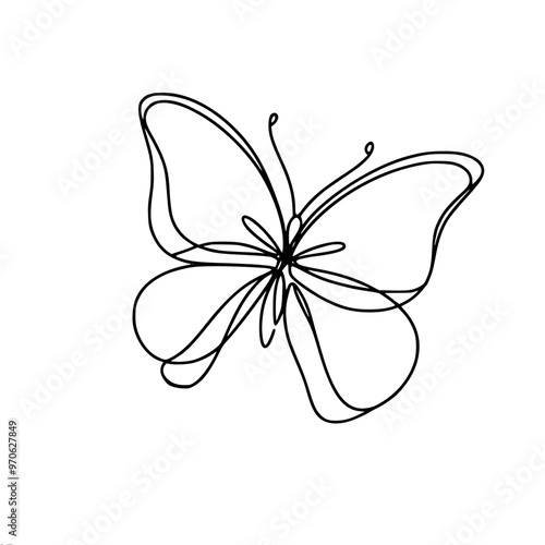 single line vector drawing of a butterfly with smooth symmetrical wings and body, antennae on top. Minimalistic style.