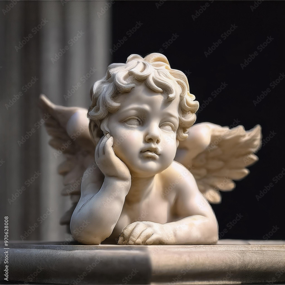 Greek sculpture of an angel lying down, resting face on hand Greek sculpture of an angel lying down, resting face on hand