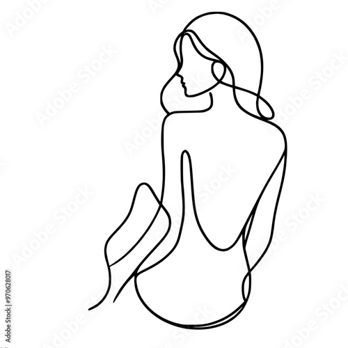 Minimalistic vector drawing of a female figure in an evening dress with a bare back, made in one continuous line, emphasizing the contours without internal details