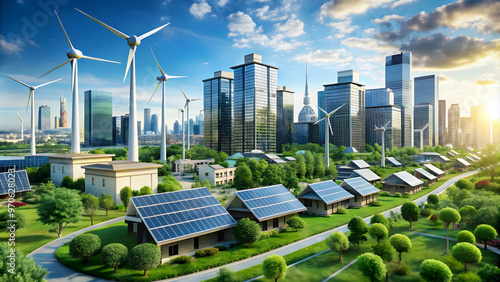 The image showcases a futuristic city that prioritizes clean energy and sustainability, with wind turbines and solar panels coexisting peacefully with urban development. photo