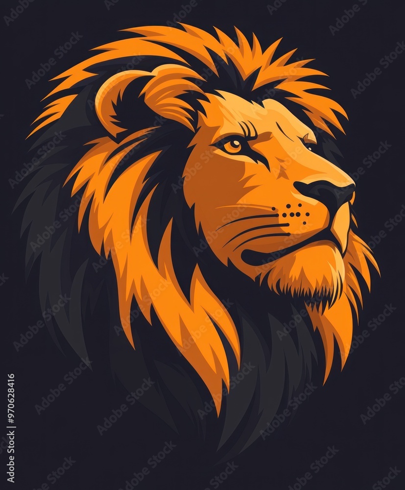 A close-up illustration of a lion's head with a fierce expression. The lion has a thick mane and is looking to the right. The background is dark. A close-up illustration of a lion's head with a fierce expression. The lion has a thick mane and is looking to the right. The background is dark.