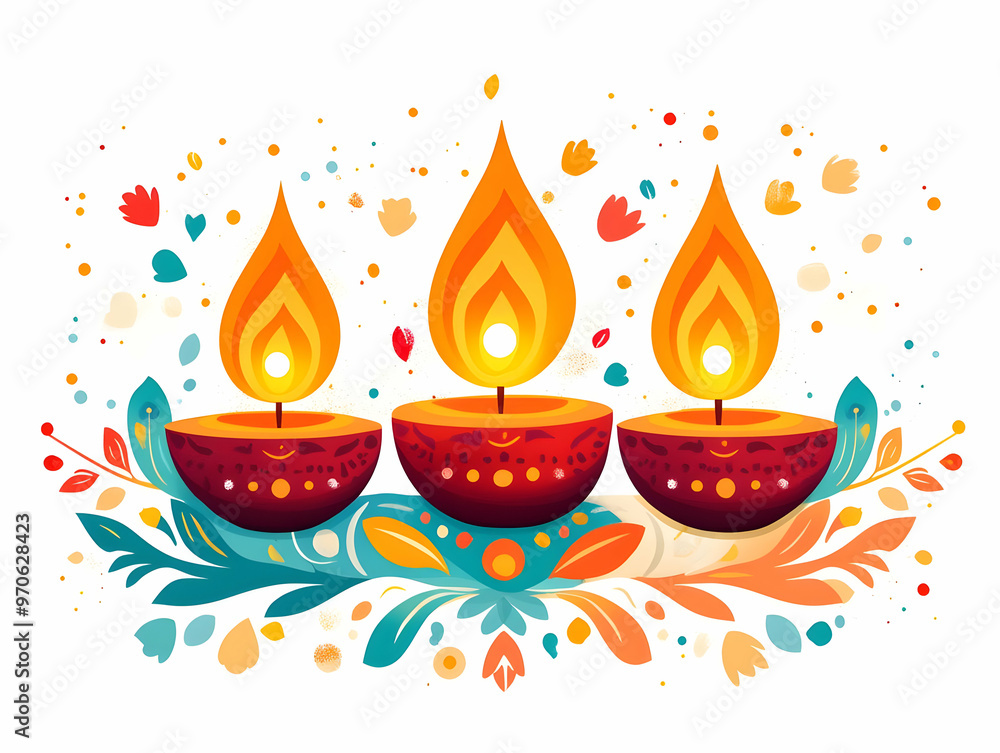 Flat Glossy Background Featuring Diwali Lamps and Swirling Floral Designs, Capturing the Vibrant Spirit of Diwali - Ideal for Banners and Celebrations Flat Glossy Background Featuring Diwali Lamps and Swirling Floral Designs, Capturing the Vibrant Spirit of Diwali - Ideal for Banners and Celebrations
