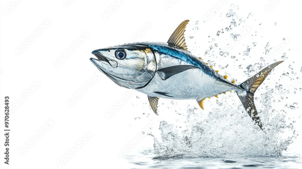 Fototapeta premium Dynamic image of a tuna fish leaping from the water, with a clean white background highlighting the fish movement