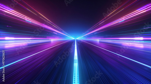 A futuristic perspective view of light trails speeding towards a bright horizon, creating an illusion of motion and depth in a vibrant neon color palette.