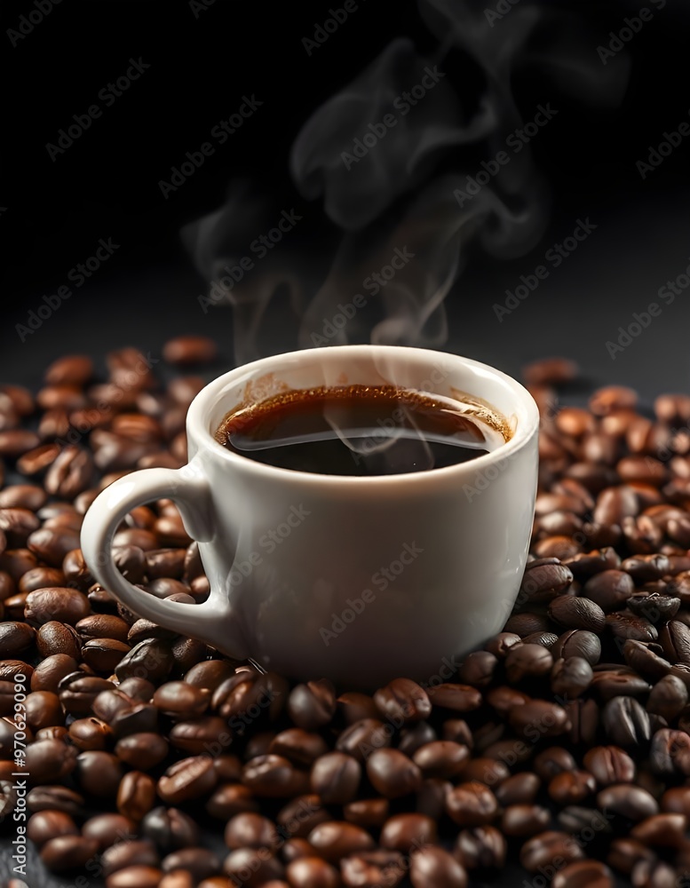 A steaming hot cup of coffee surrounded by roasted coffee beans on a dark background A steaming hot cup of coffee surrounded by roasted coffee beans on a dark background