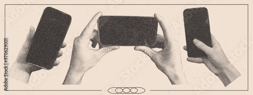 Set of hands holding phone with empty display. Photocopy effect. Vector elements in pop art style.