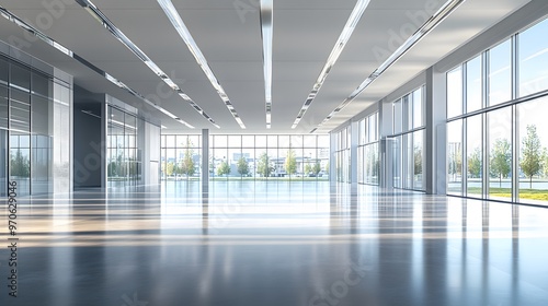 Modern Office Building Interior with Large Windows and City View