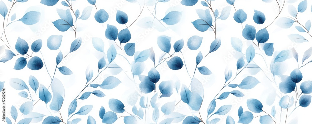 Boho blue vines in an intricate botanical pattern, illustrated in watercolor style and seamlessly rendered on a white background. 