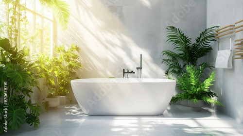 Elegant bathroom with a pristine white tub, vibrant green plants, and modern fixtures. Sunlight fills the space creating a refreshing atmosphere.