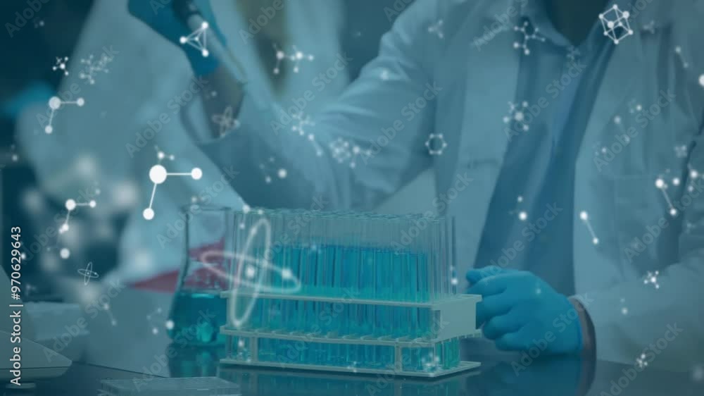 Animation of scientific data processing over diverse scientists in laboratory Animation of scientific data processing over diverse scientists in laboratory
