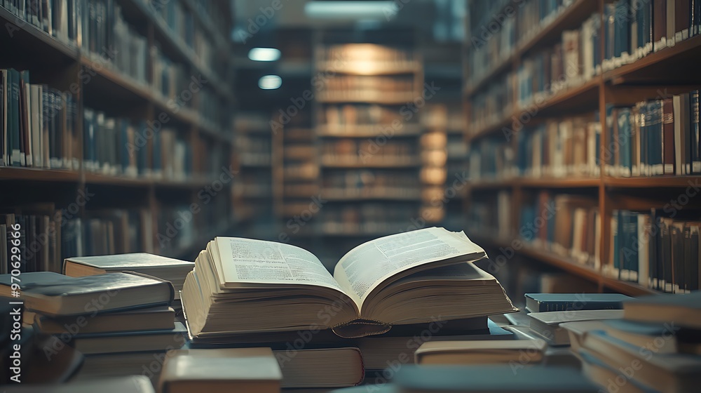 Open Book in a Library with Rows of Bookshelves Open Book in a Library with Rows of Bookshelves