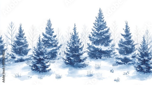 Winter Wonderland Forest Landscape Snow Covered Trees and White Background