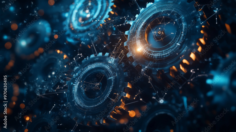 A futuristic background image showing a complex network of gears and technology. A futuristic background image showing a complex network of gears and technology.