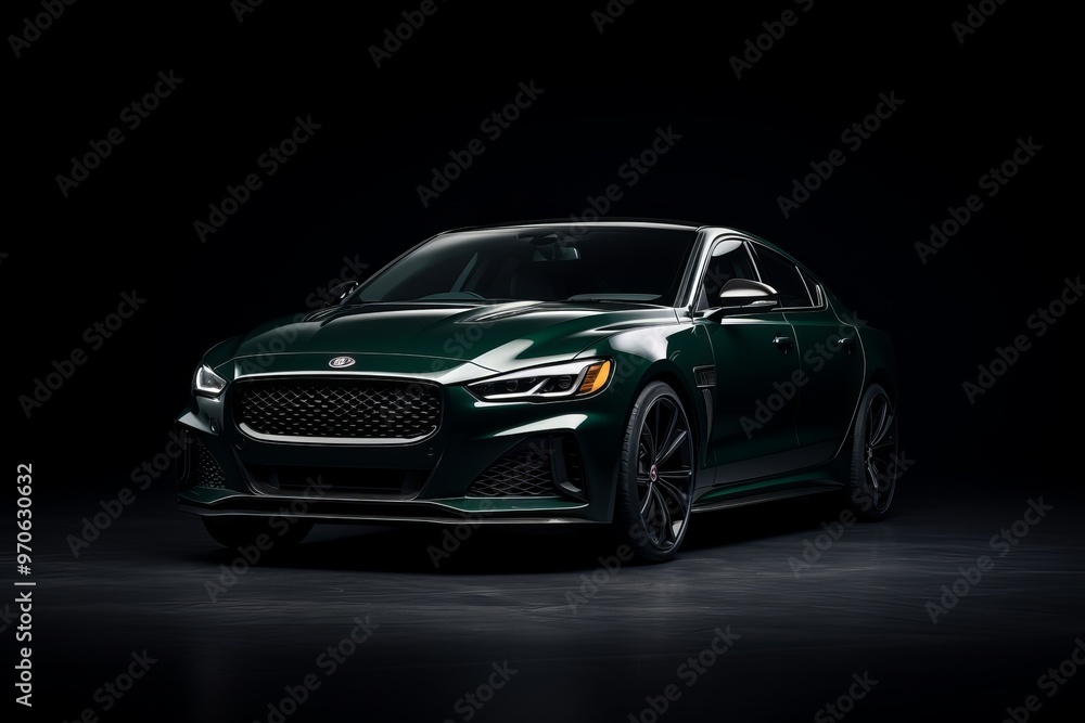 A sleek green luxury sedan parked in a dark studio showcasing its elegant design and performance A sleek green luxury sedan parked in a dark studio showcasing its elegant design and performance