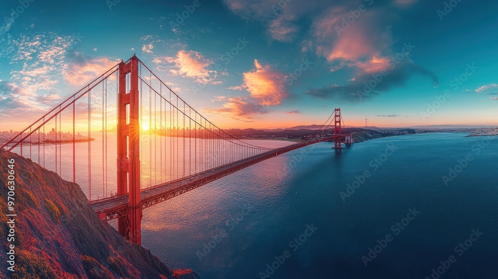 Fototapeta premium Panoramic view of the Golden Gate Bridge with sunset, blue sky and white clouds. Aerial panoramic view