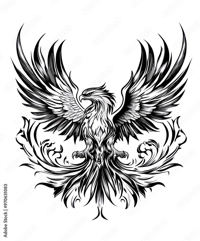 A black and white illustration of a majestic eagle with its wings spread wide, surrounded by intricate floral designs. A black and white illustration of a majestic eagle with its wings spread wide, surrounded by intricate floral designs.