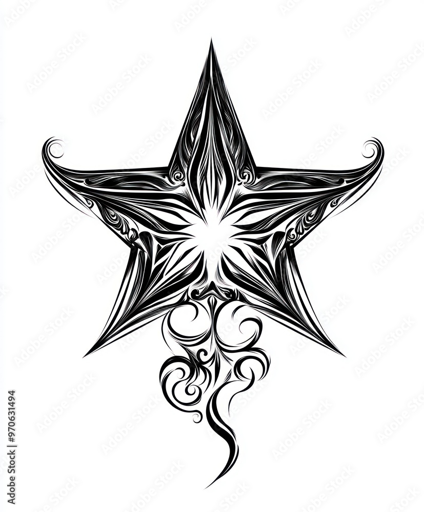 Ornate black and white star design with intricate details and swirling patterns. Ornate black and white star design with intricate details and swirling patterns.