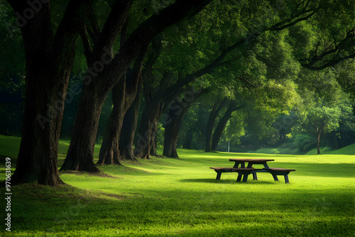 A wooden picnic table sits under the shade of a row of trees in a park, inviting relaxation and enjoyment.