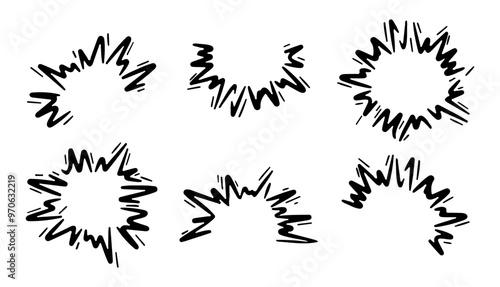 Doodle comic boom effect. Vector comic bomb explosion. Hand drawn energy hit, speed crash with sparks. Power action elements set for manga and anime.