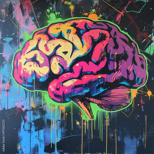 graffiti art brain in neon color palette, retro, color background