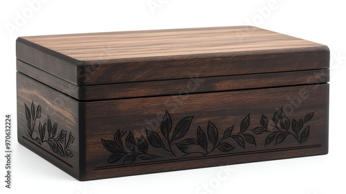 Custom wooden keepsake box with engraved design, rustic finish, 3D illustration