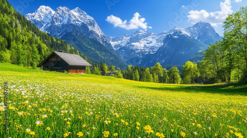 On a sunny spring day, the Alps are breathtaking. Lush green meadows bloom under the bright sky. This picturesque scene is in Berchtesgadener Land National Park, Bavaria, Germany.