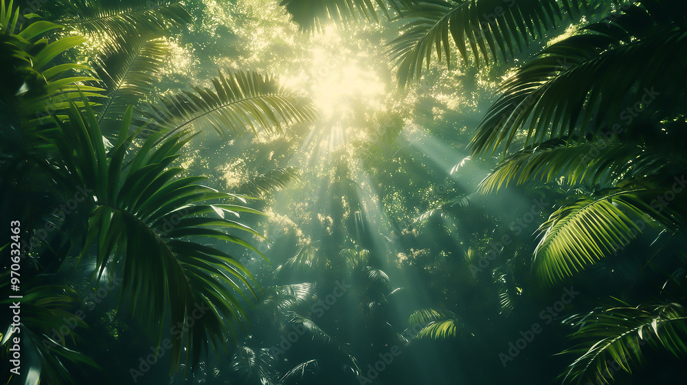 a lush rainforest canopy, sunlight streaming through a lush rainforest canopy, sunlight streaming through