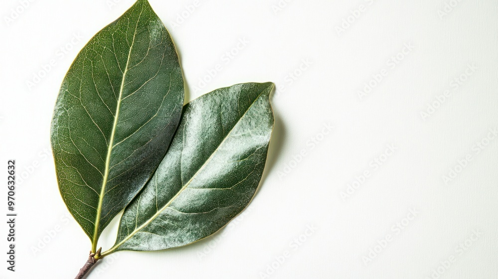 Fototapeta premium Minimalist style photography of green leaf isolated on a white background. Close up, high resolution photography.