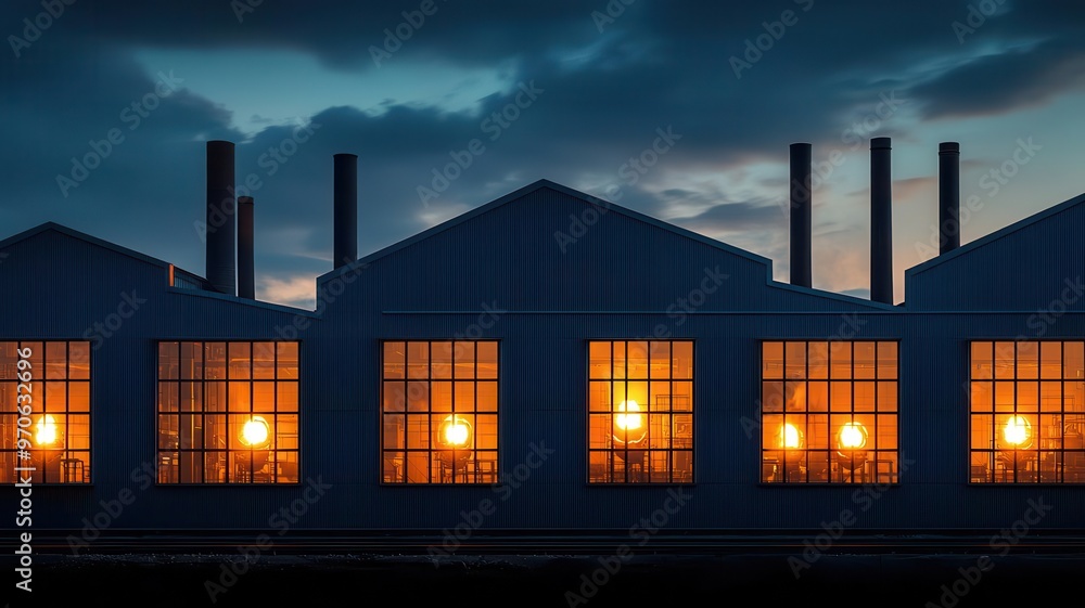 Silhouette of an old foundry with glowing furnaces visible through its windows, contrasted against a darkened sky Silhouette of an old foundry with glowing furnaces visible through its windows, contrasted against a darkened sky