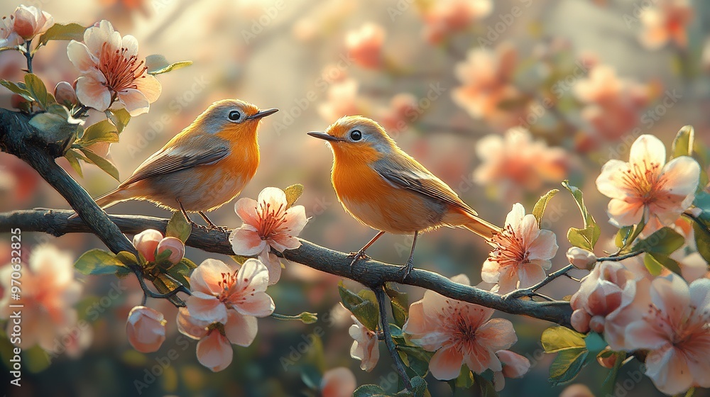 A couple Icterus galbula perching near a flower tree branch, colorful, blur background, spring theme A couple Icterus galbula perching near a flower tree branch, colorful, blur background, spring theme