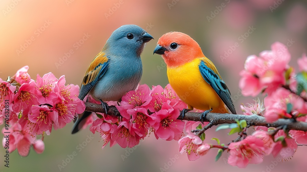 Fototapeta premium A couple Icterus galbula perching near a flower tree branch, colorful, blur background, spring theme